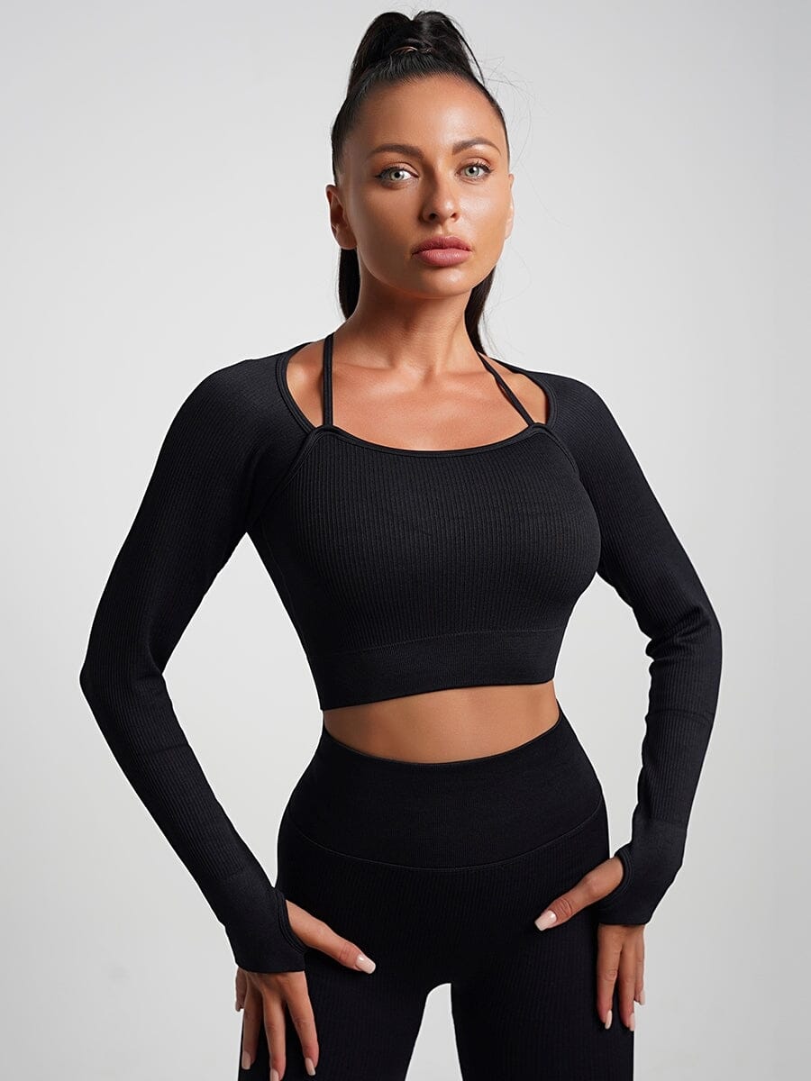 Crop Top Plissé Manches Longues Sport | Yogaova