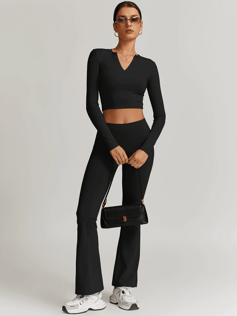 Crop Top Sport Manches Longues Col V - Eva | Yogaova