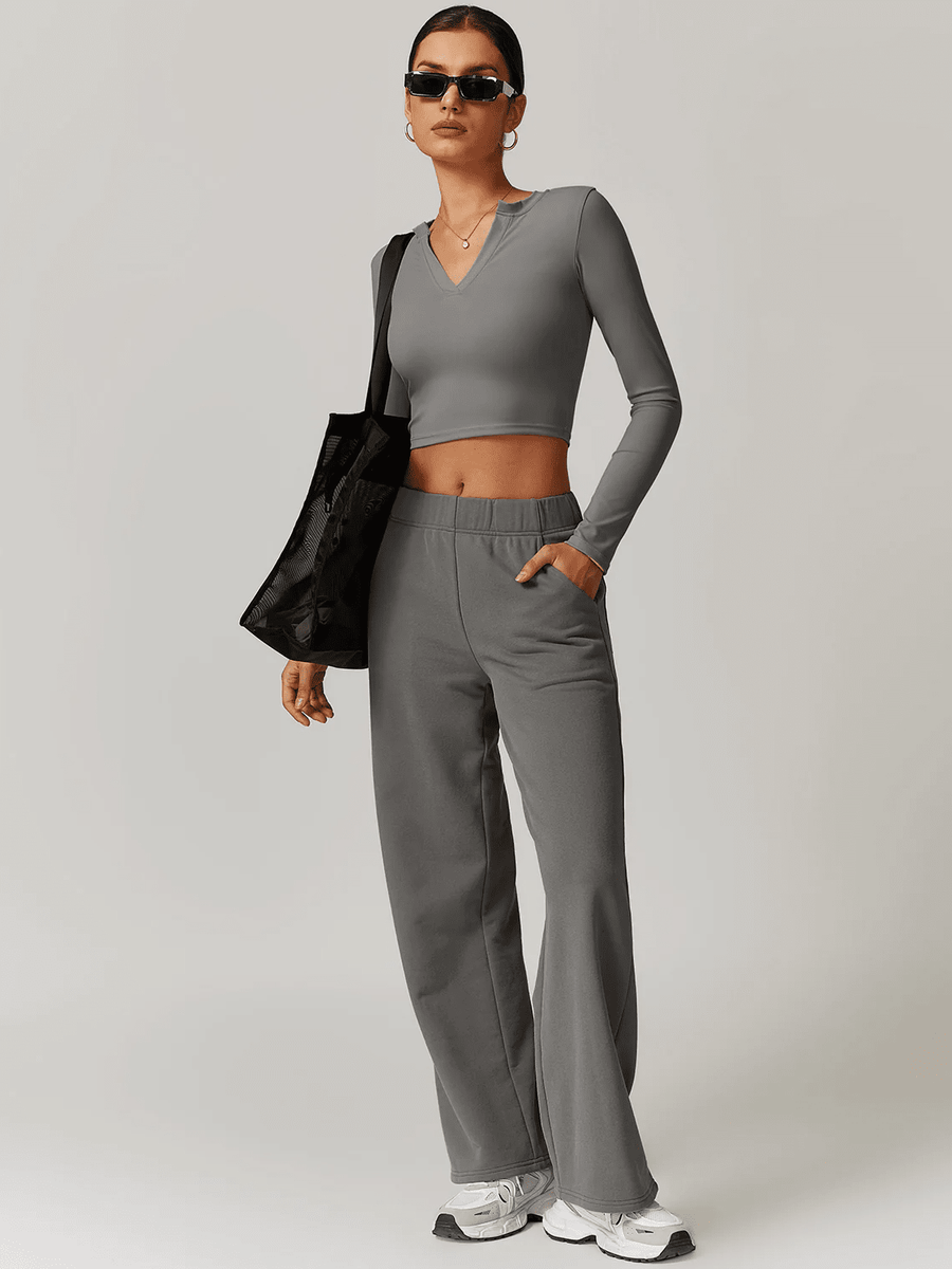 Crop Top Sport Manches Longues Col V - Eva | Yogaova